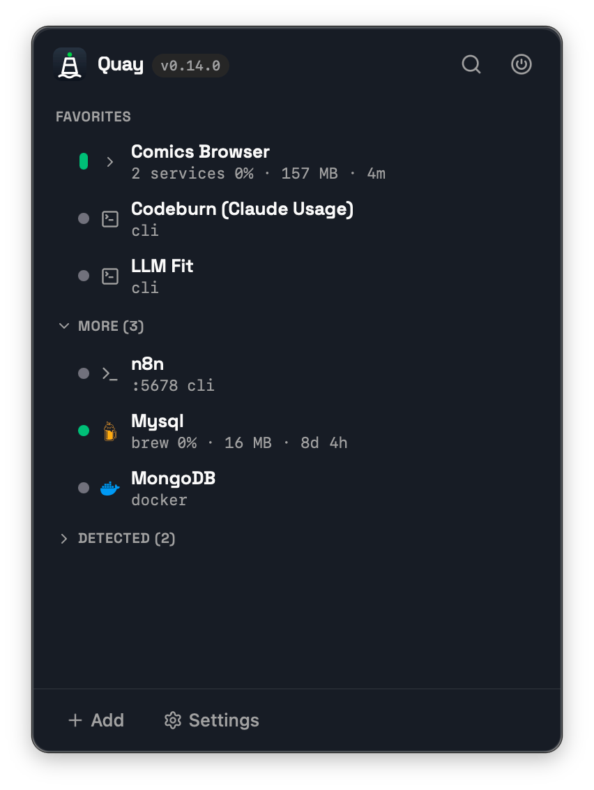 Quay menu bar popup listing running dev services with live status, CPU and memory metrics.